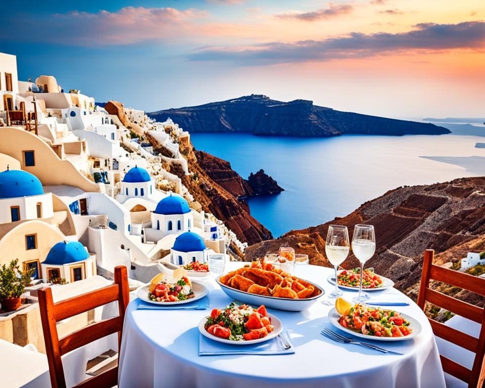 Proef Griekse gerechten met een uitzicht op Santorini