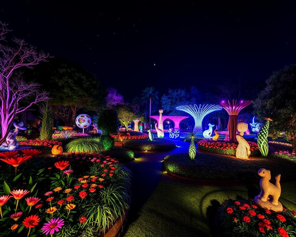 Bezoek een botanische tuin met nachtelijke lichtshows