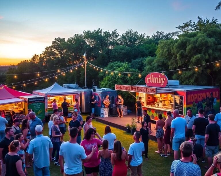 Bezoek een klein muziekfestival met livemuziek en foodtrucks