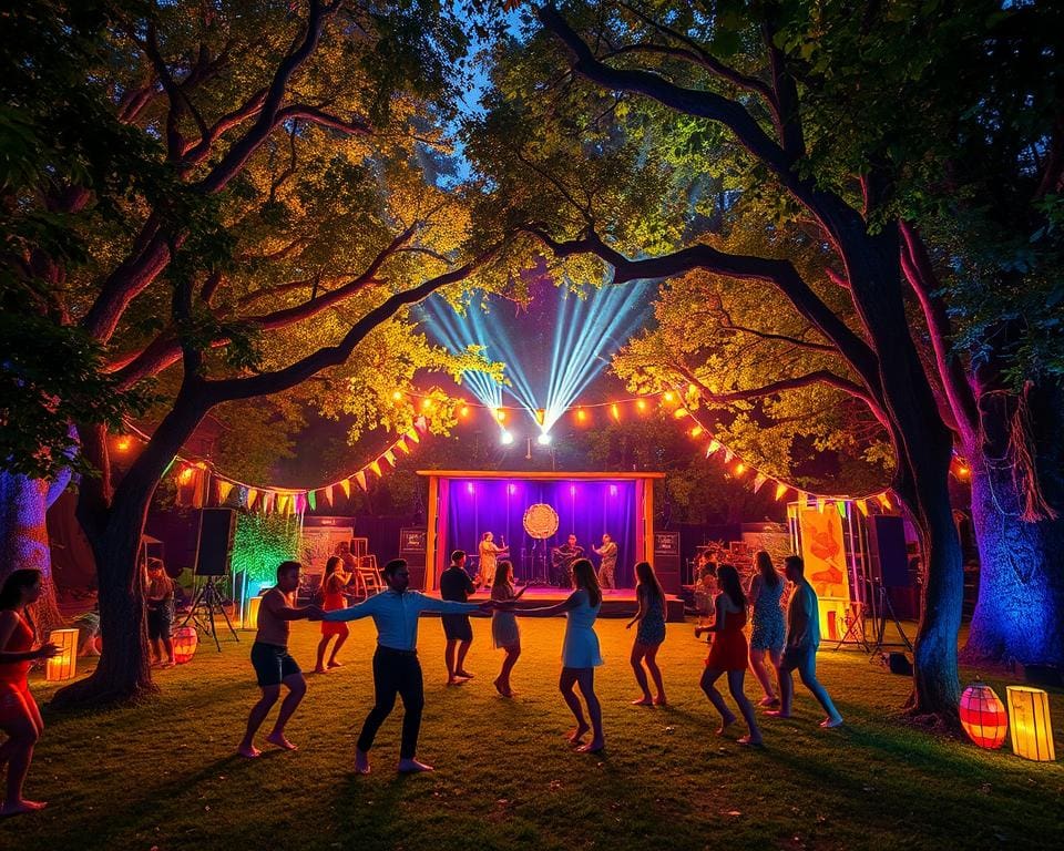 Ga naar een kleinschalig dancefestival in een bosrijke omgeving