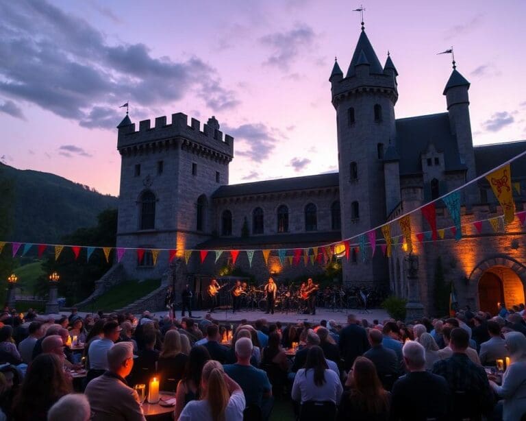 Ga naar een openluchtconcert in een middeleeuws kasteel