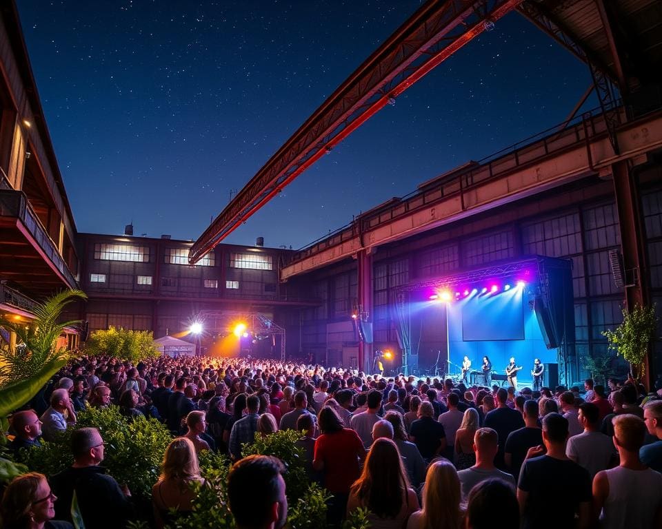 Ga naar een openluchtconcert in een oude fabriek