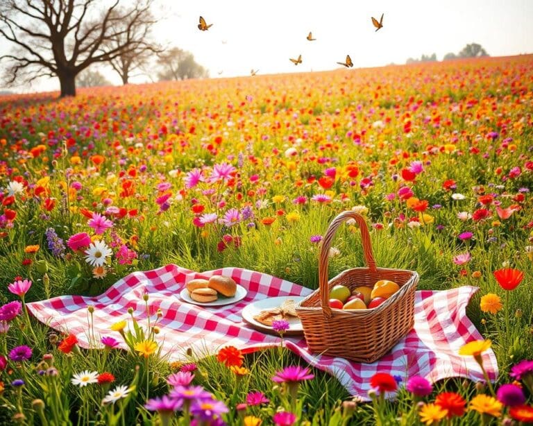 Geniet van een picknick in een bloemenveld