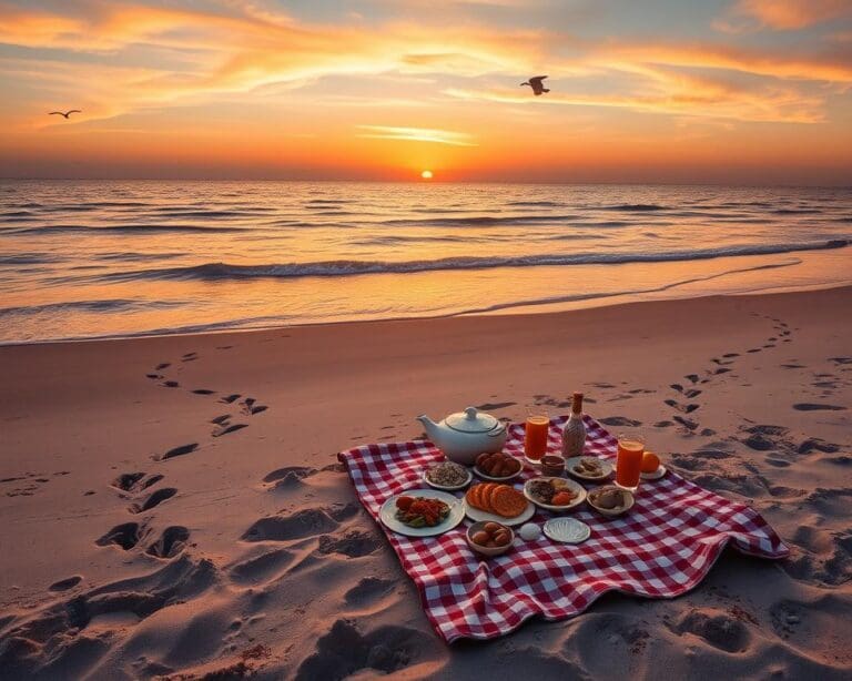 Geniet van een strandwandeling bij zonsondergang met picknick