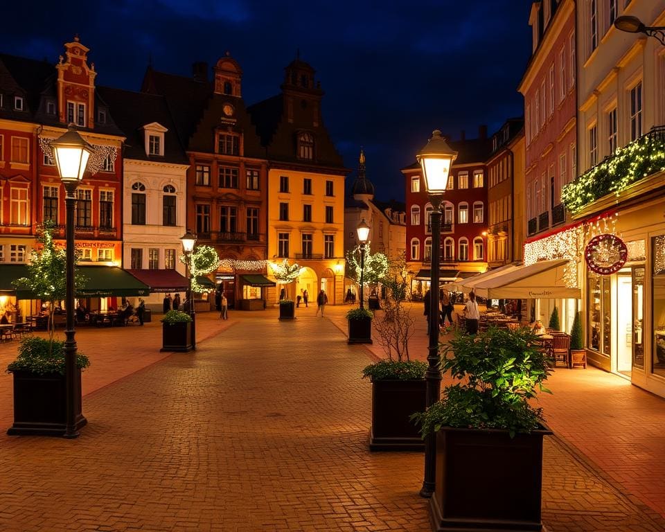 Ontdek een verlicht stadsplein tijdens een avondwandeling